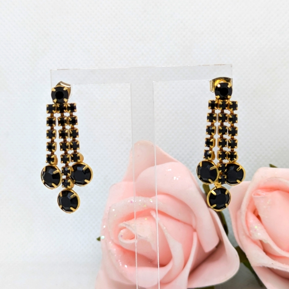 Vintage Goldtone Black Dangle Earrings Pierced Post 1.5" Drop